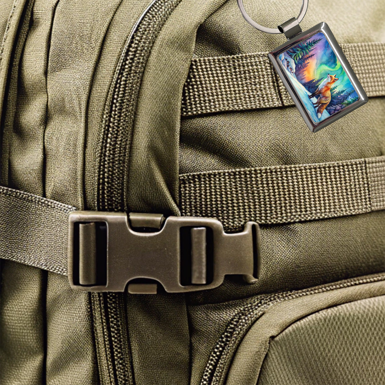 Fox And Northern Lights Watercolor Rectangle Metal Keychain