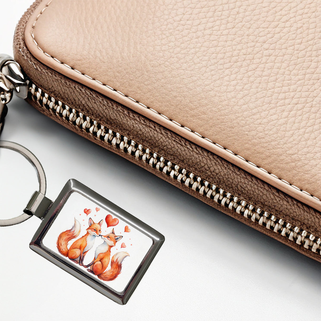 Foxes In Love With Hearts Valentine's Day Rectangle Metal Keychain