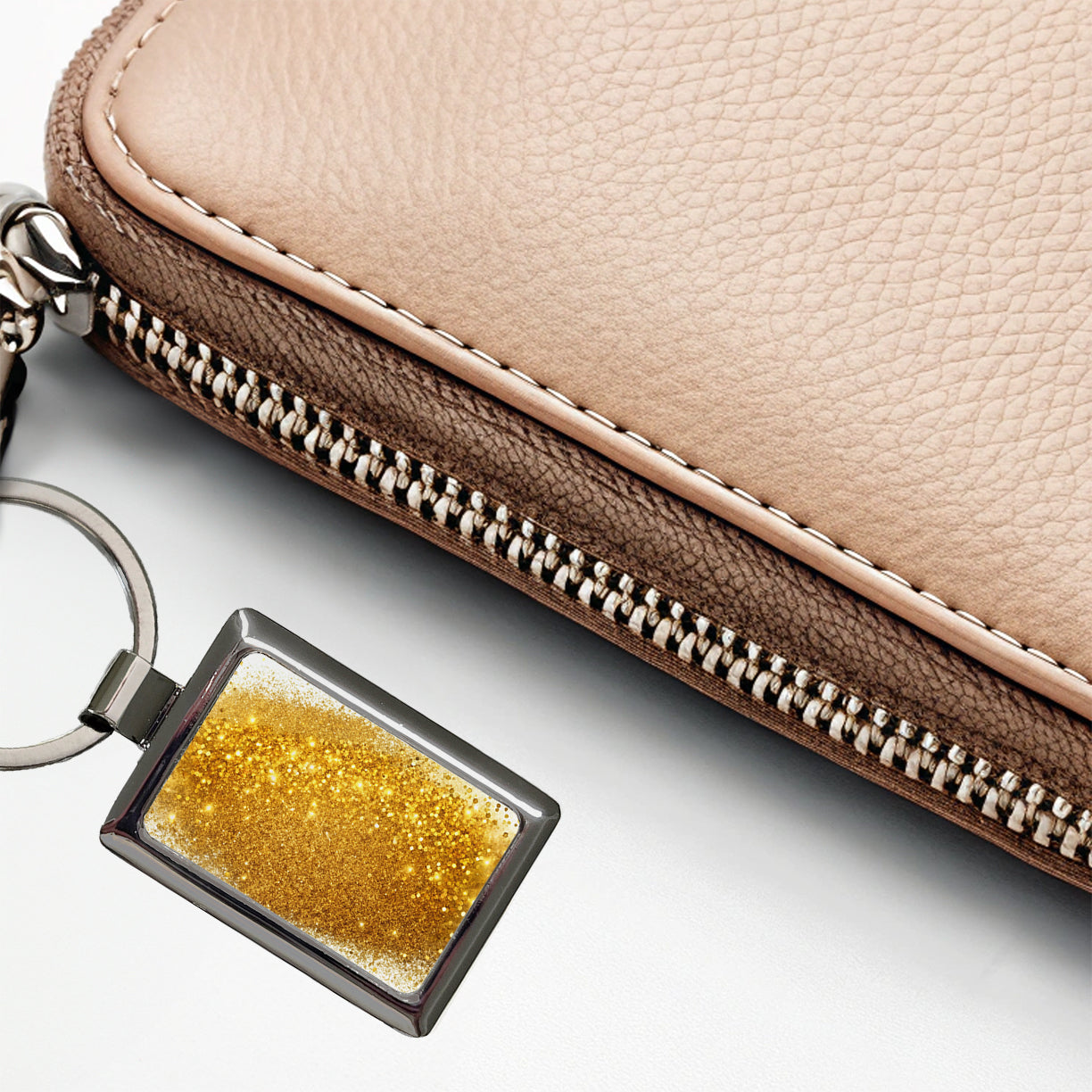 Gold Faux Glitter Rectangle Metal Keychain