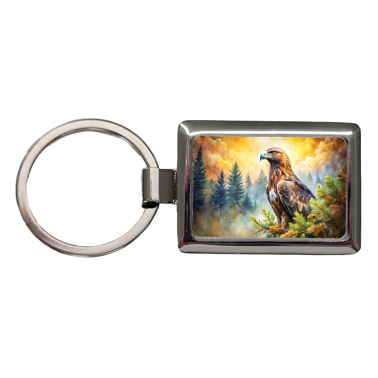 Golden Eagle Raptor Bird Of Prey In Tree Watercolor Rectangle Metal Keychain