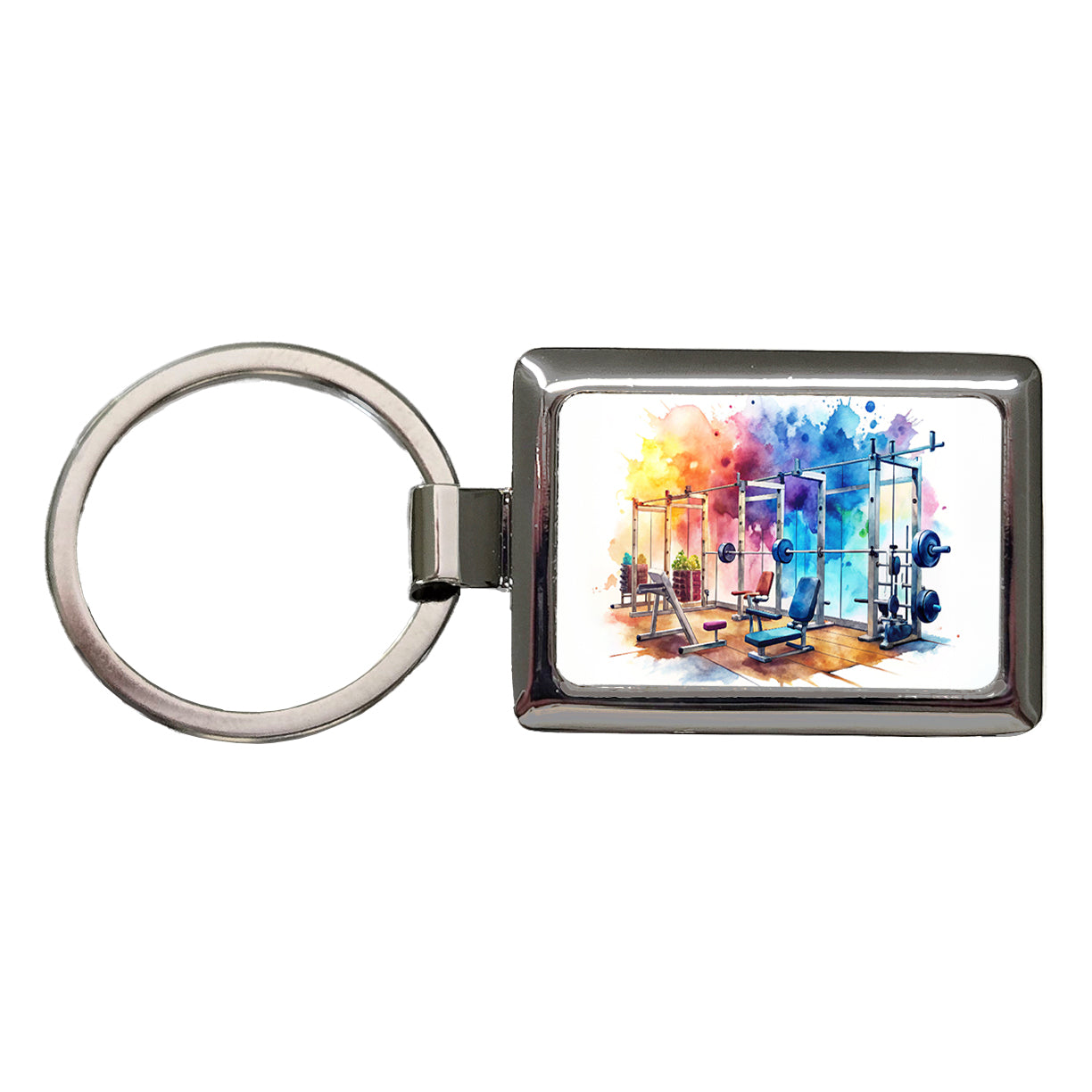 Gym Workout Equipment Watercolor Rectangle Metal Keychain