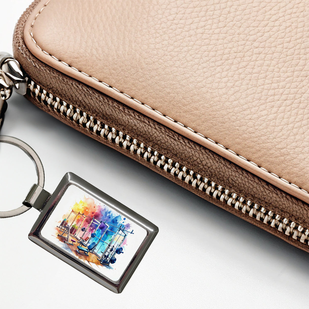 Gym Workout Equipment Watercolor Rectangle Metal Keychain