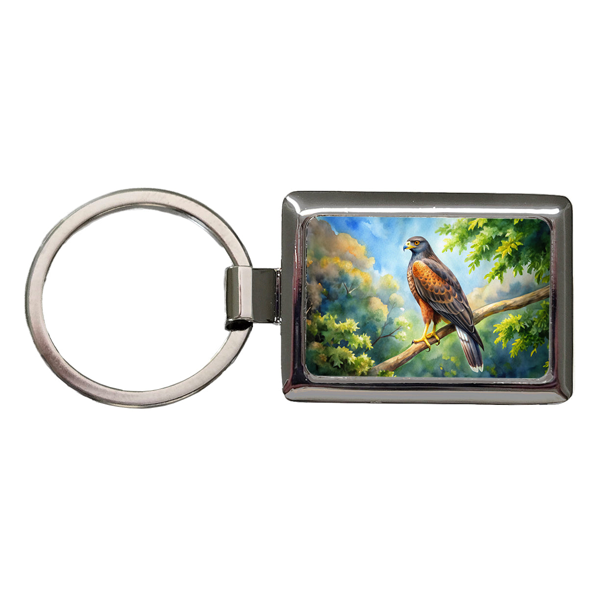 Harris's Hawk Raptor Bird Of Prey In Tree Watercolor Rectangle Metal Keychain