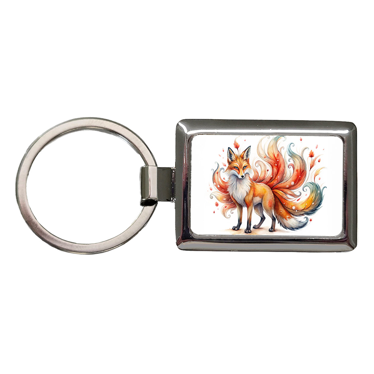 Kitsune Fox With Many Tails Asian Japanese Spirit Folklore Watercolor Rectangle Metal Keychain