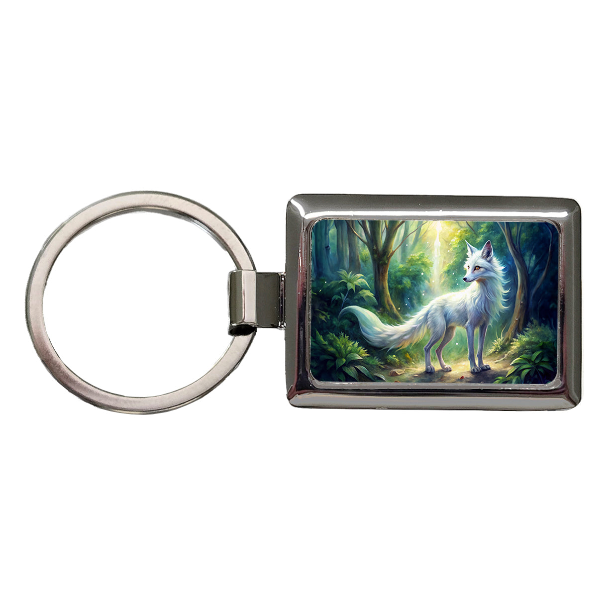 Kitsune White Fox Fantasy Japanese In Forest Watercolor Rectangle Metal Keychain