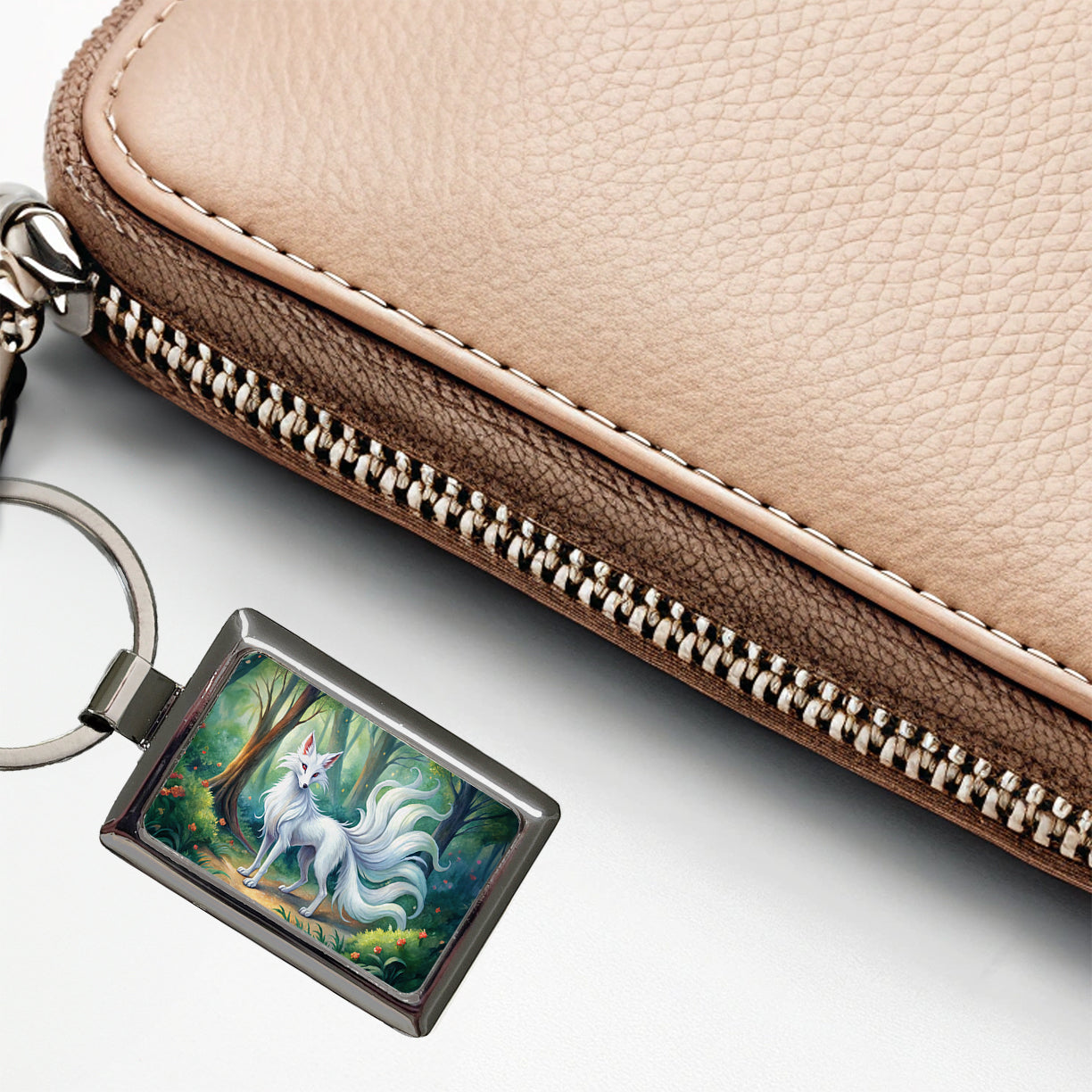 Kitsune White Fox With Many Tails Japanese Spirit Animal Watercolor Rectangle Metal Keychain