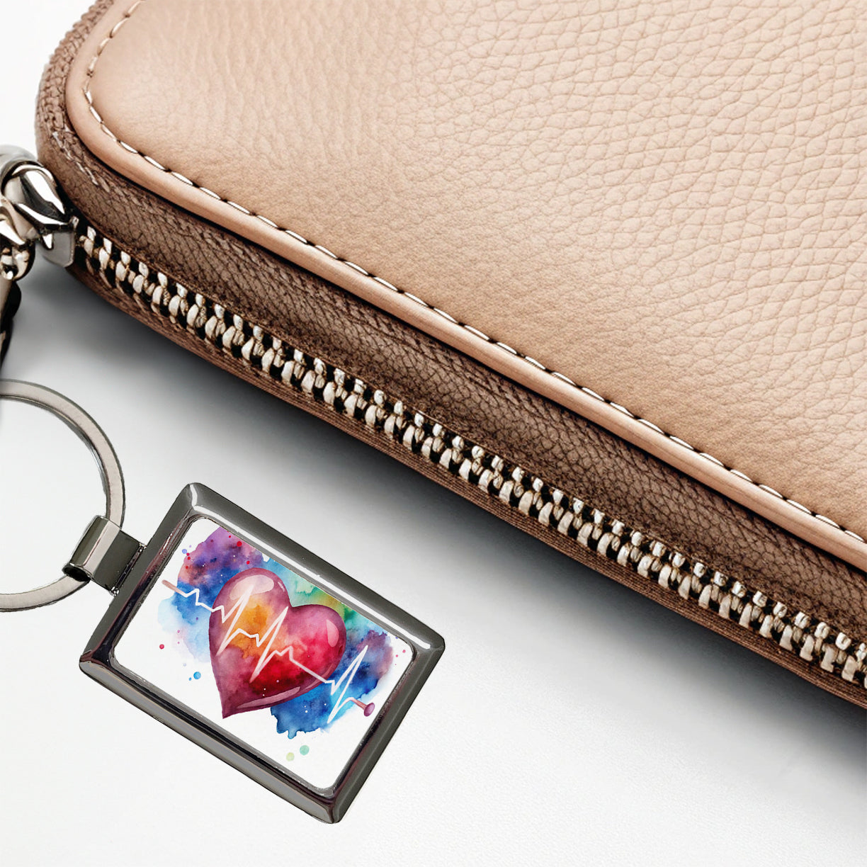 Life Pulse Heart Beat Doctor Nurse RN EMT Watercolor Rectangle Metal Keychain