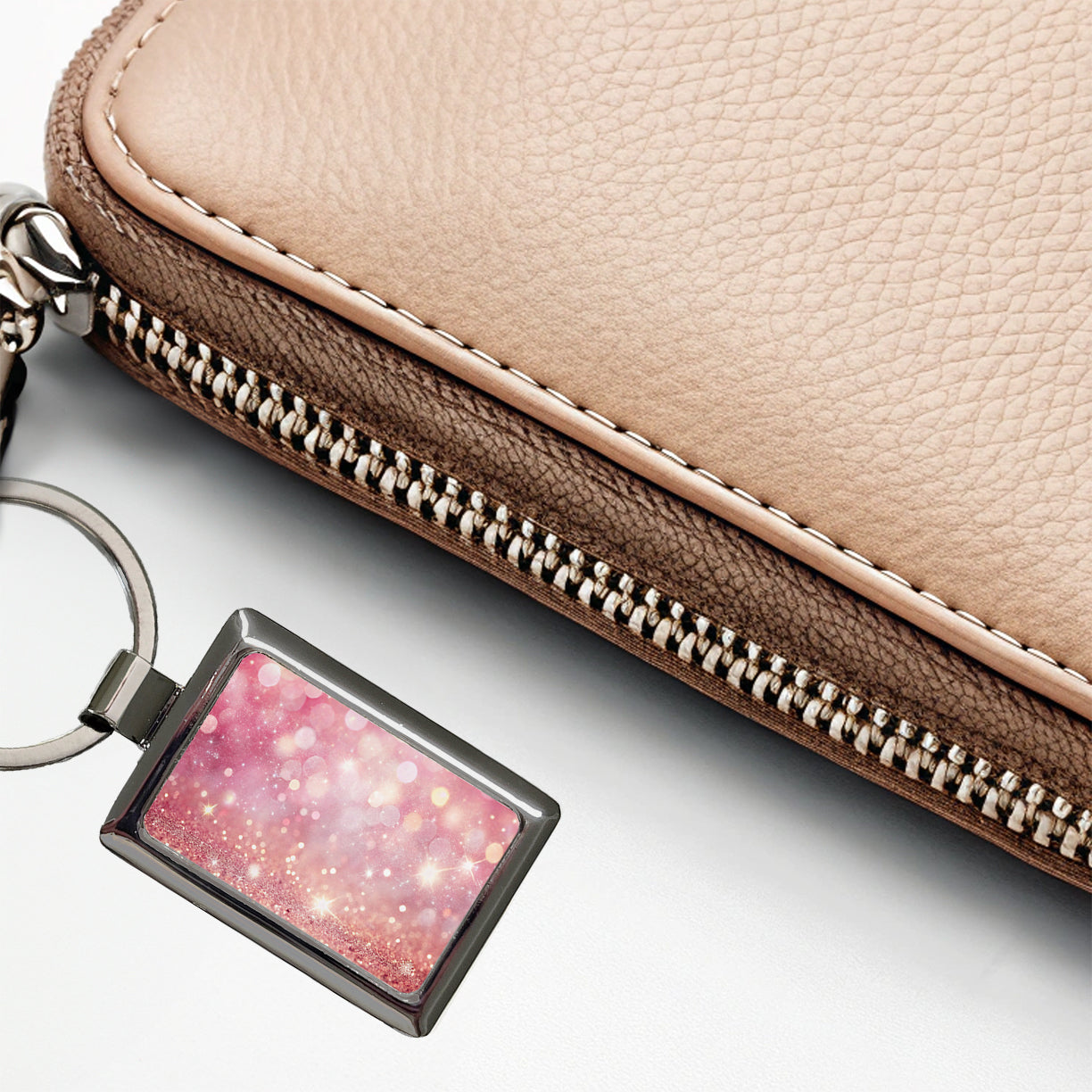 Light Pink Faux Glitter Rectangle Metal Keychain