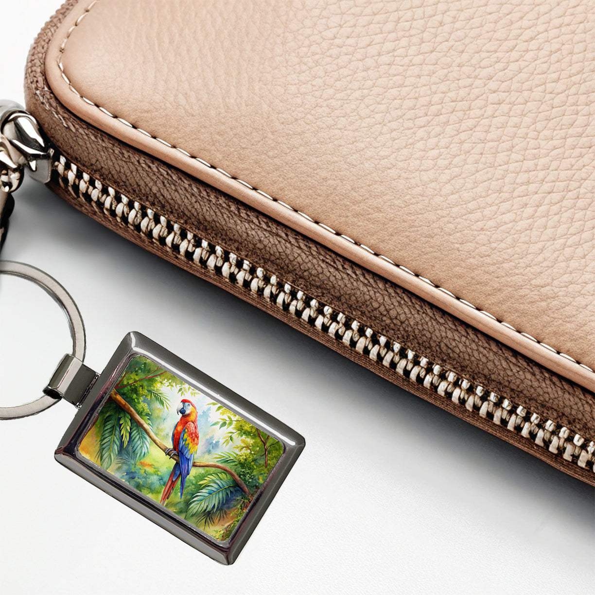 Macaw Parrot In Tree Bird Watercolor Rectangle Metal Keychain