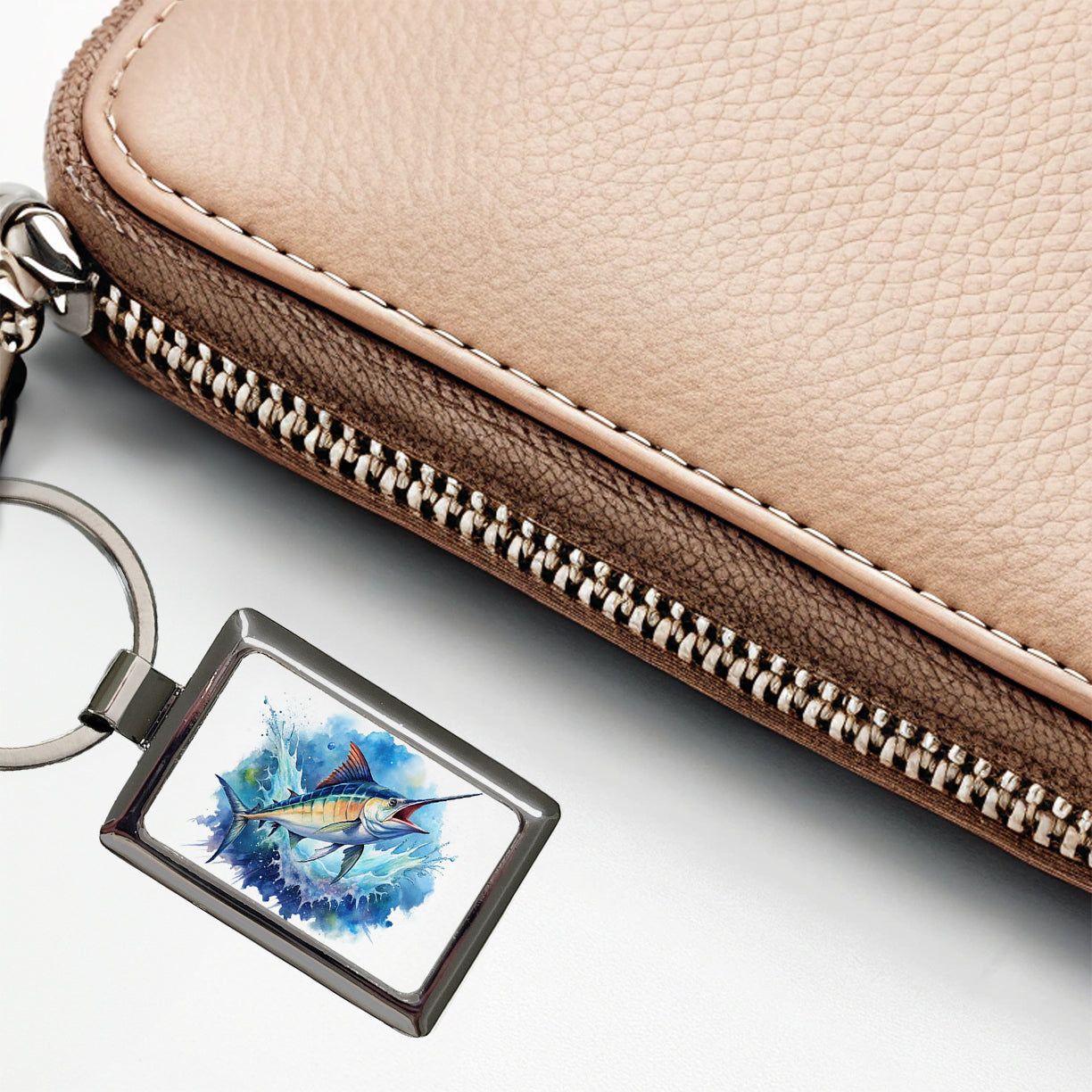 Marlin Jumping In The Ocean Deep Sea Sport Fishing Watercolor Rectangle Metal Keychain