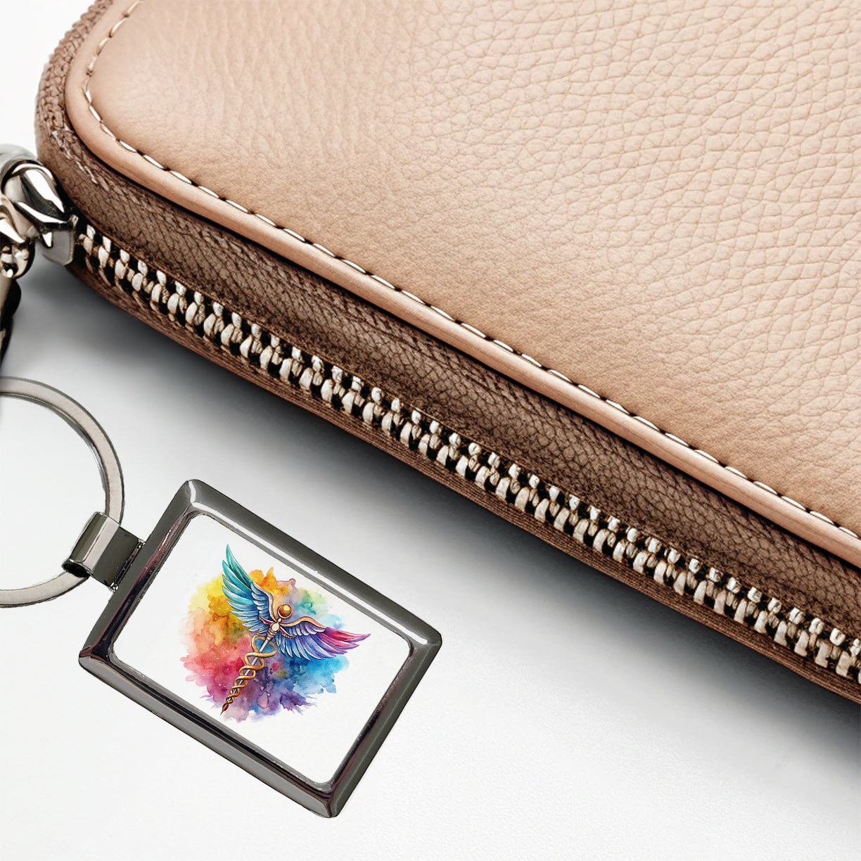 Medical Caduceus Doctor Nurse RN EMT Watercolor Rectangle Metal Keychain