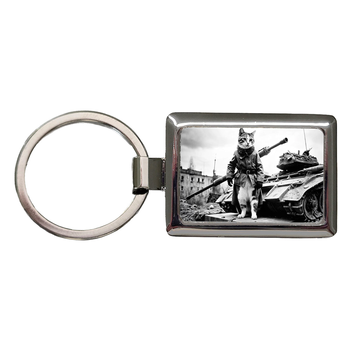 Military Resistance War Soldier Cat Retro Black And White Rectangle Metal Keychain