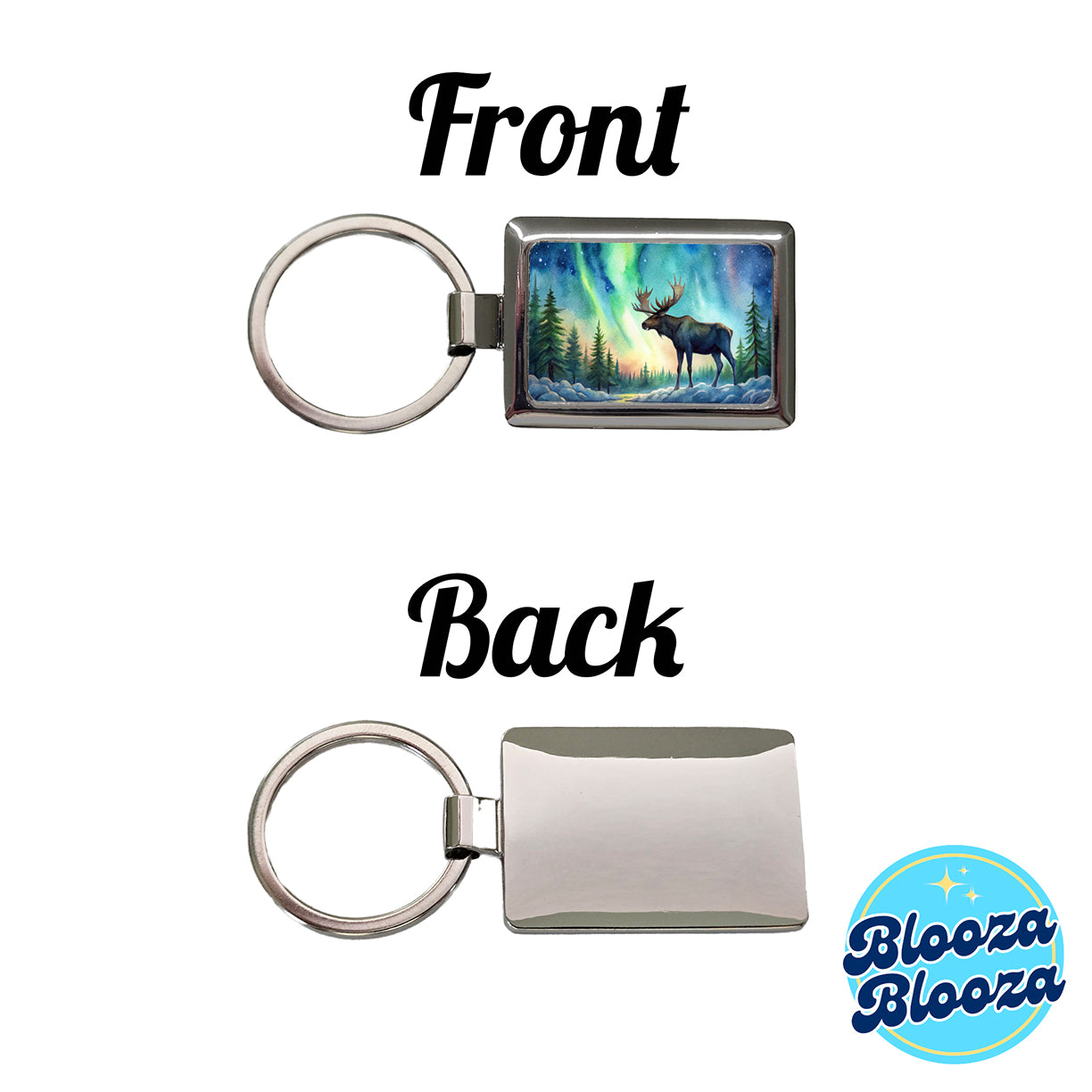 Moose And Northern Lights Watercolor Rectangle Metal Keychain