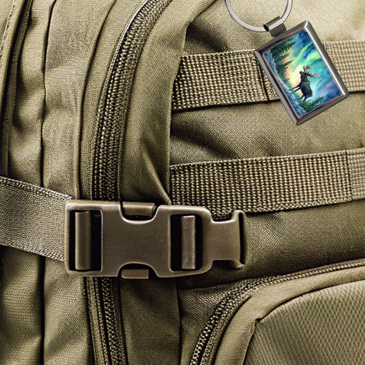 Moose And Northern Lights Watercolor Rectangle Metal Keychain