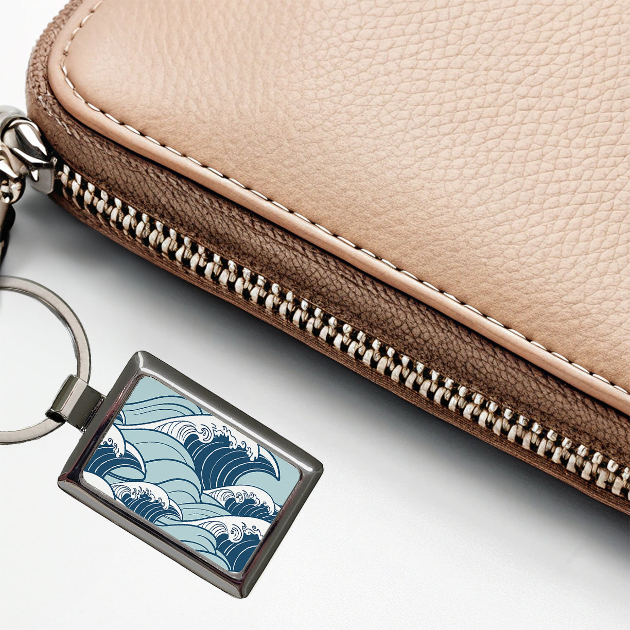 Ocean Waves Japanese Style Rectangle Metal Keychain