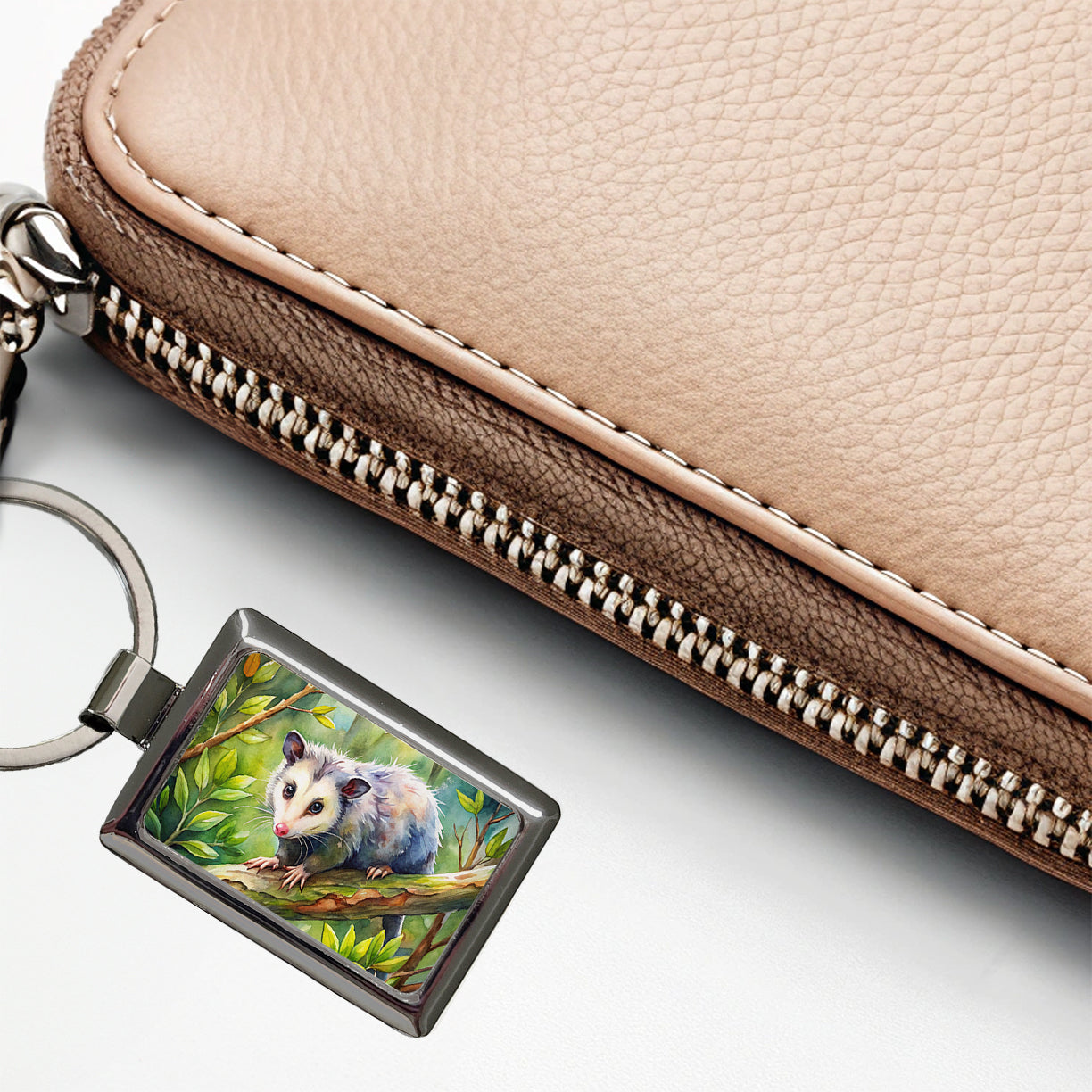 Opossum In The Forest Watercolor Rectangle Metal Keychain