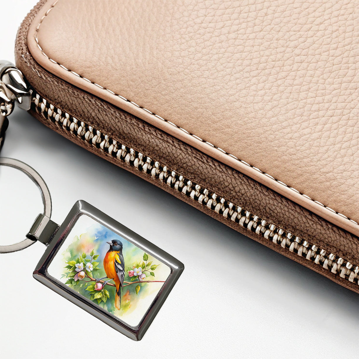Oriole In Tree Bird Watercolor Rectangle Metal Keychain