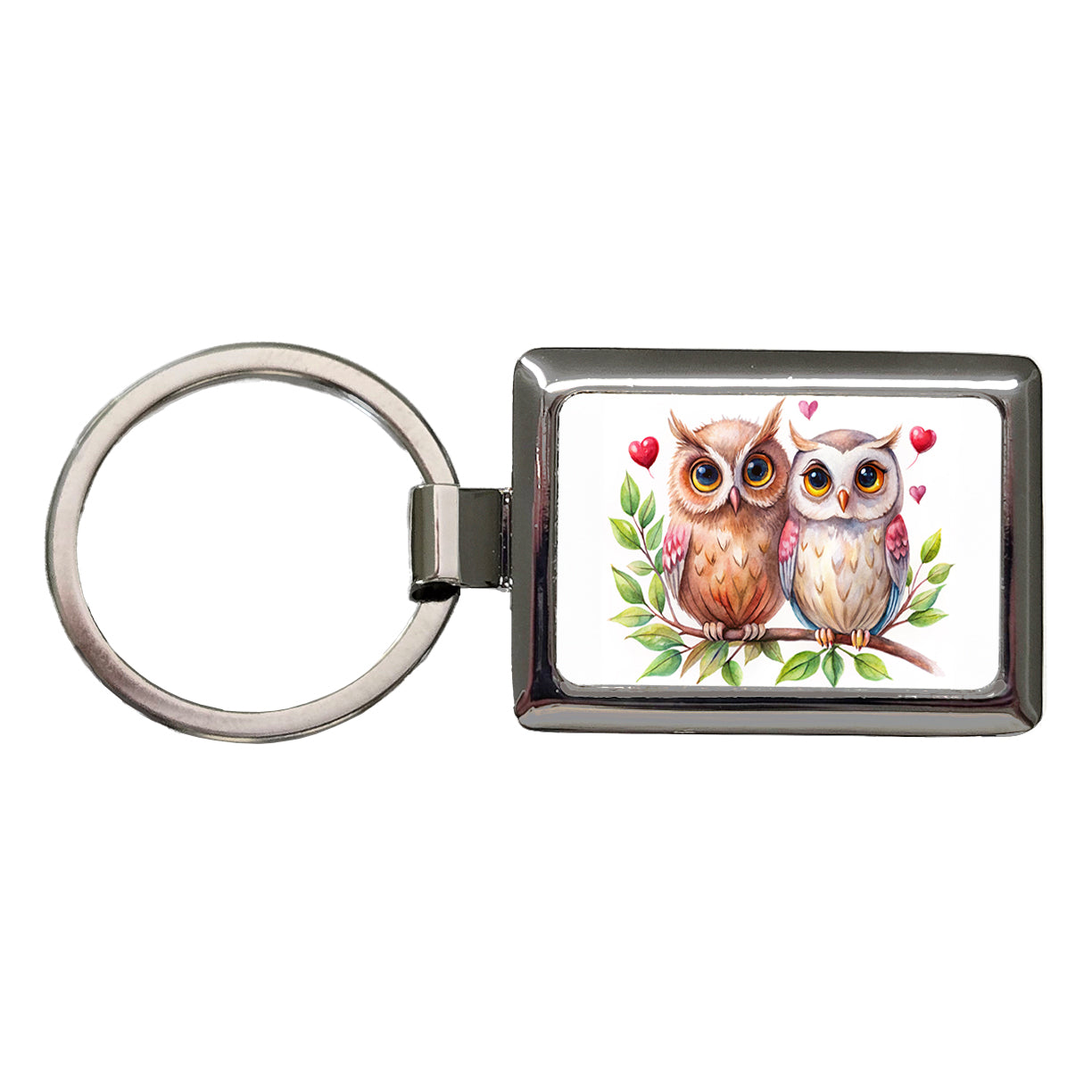 Owls In Love On Branch Hearts Valentine's Day Rectangle Metal Keychain