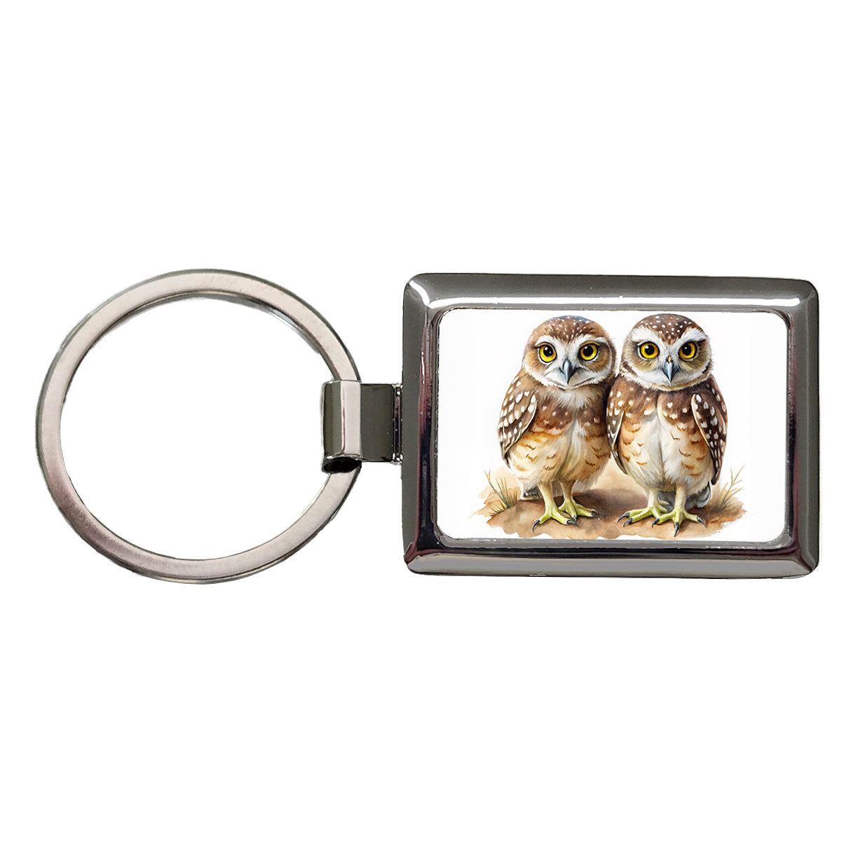 Pair Of Burrowing Owls Bird Watercolor Rectangle Metal Keychain