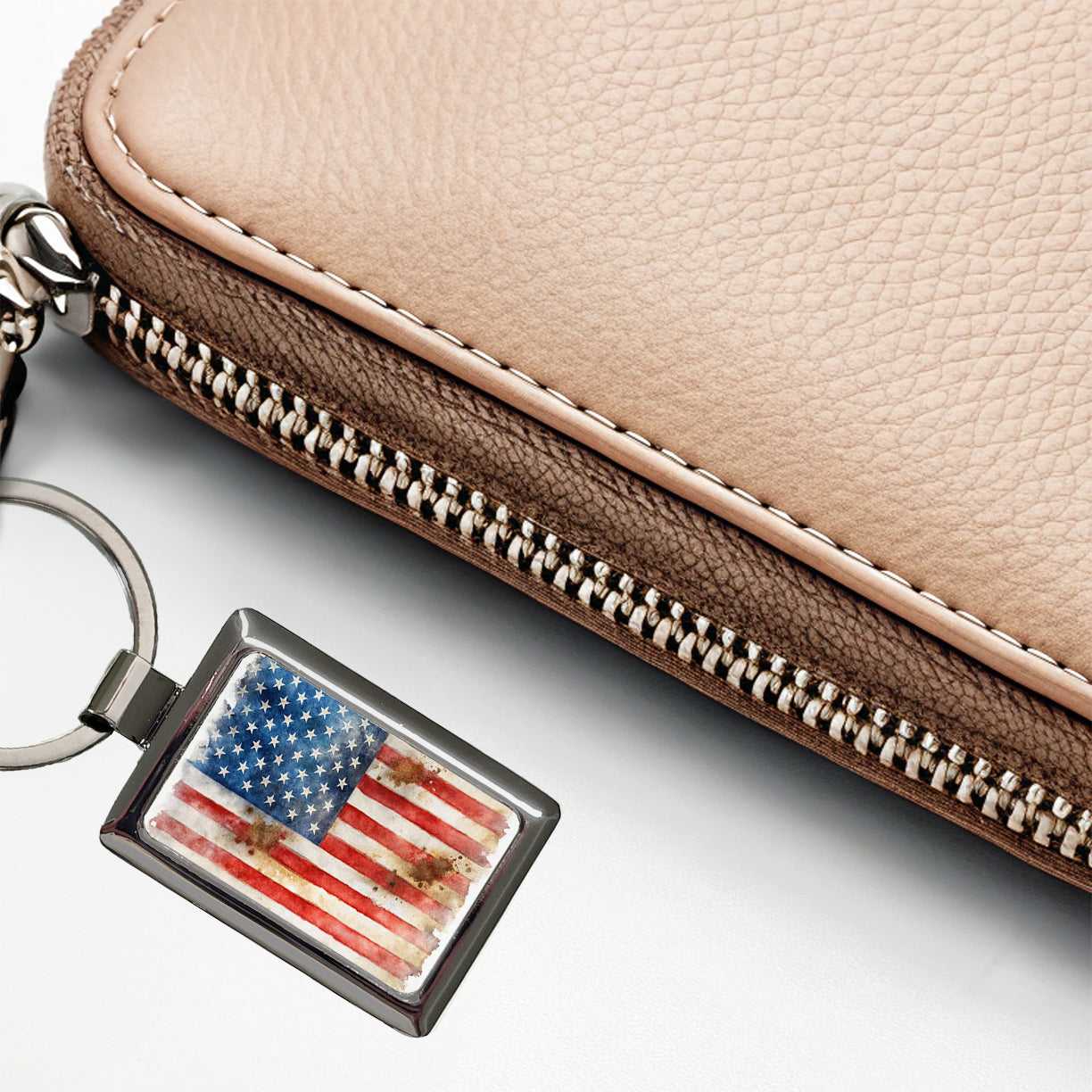 Patriotic Rustic Worn American Flag Watercolor Rectangle Metal Keychain