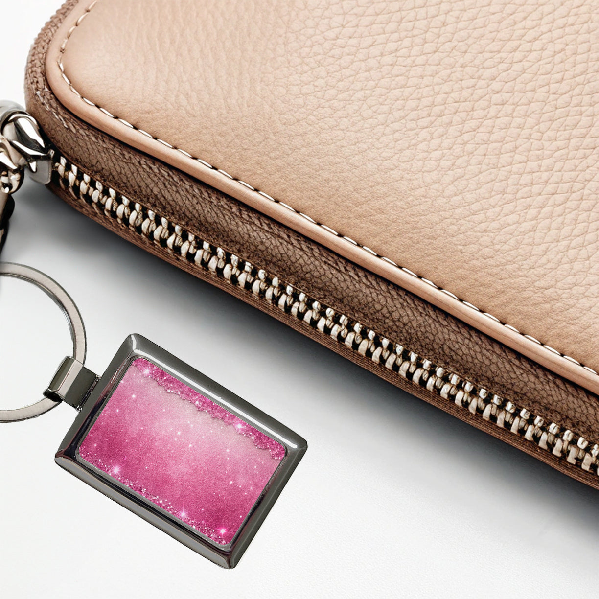 Pink Faux Glitter Rectangle Metal Keychain