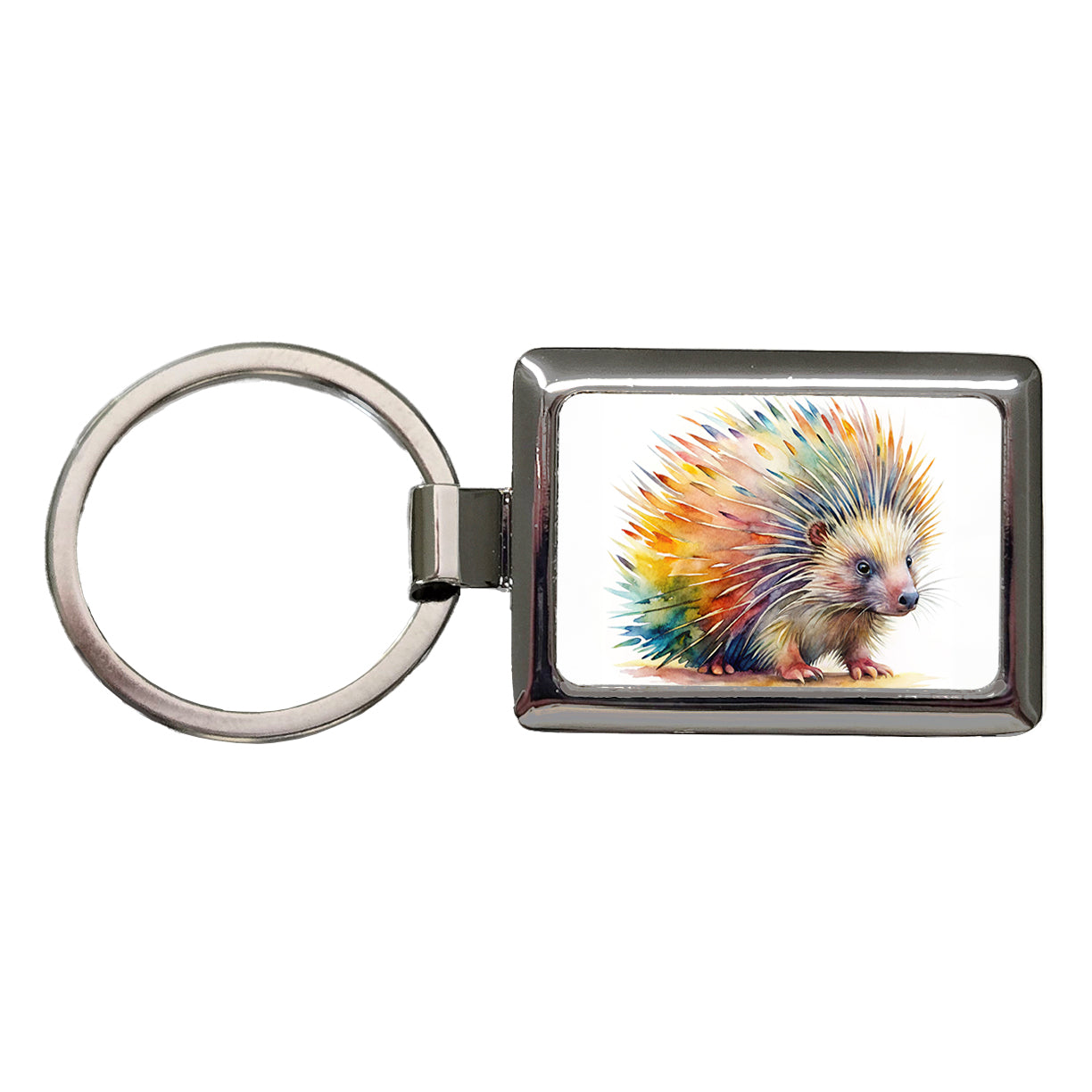 Porcupine Colorful Rainbow Watercolor Rectangle Metal Keychain