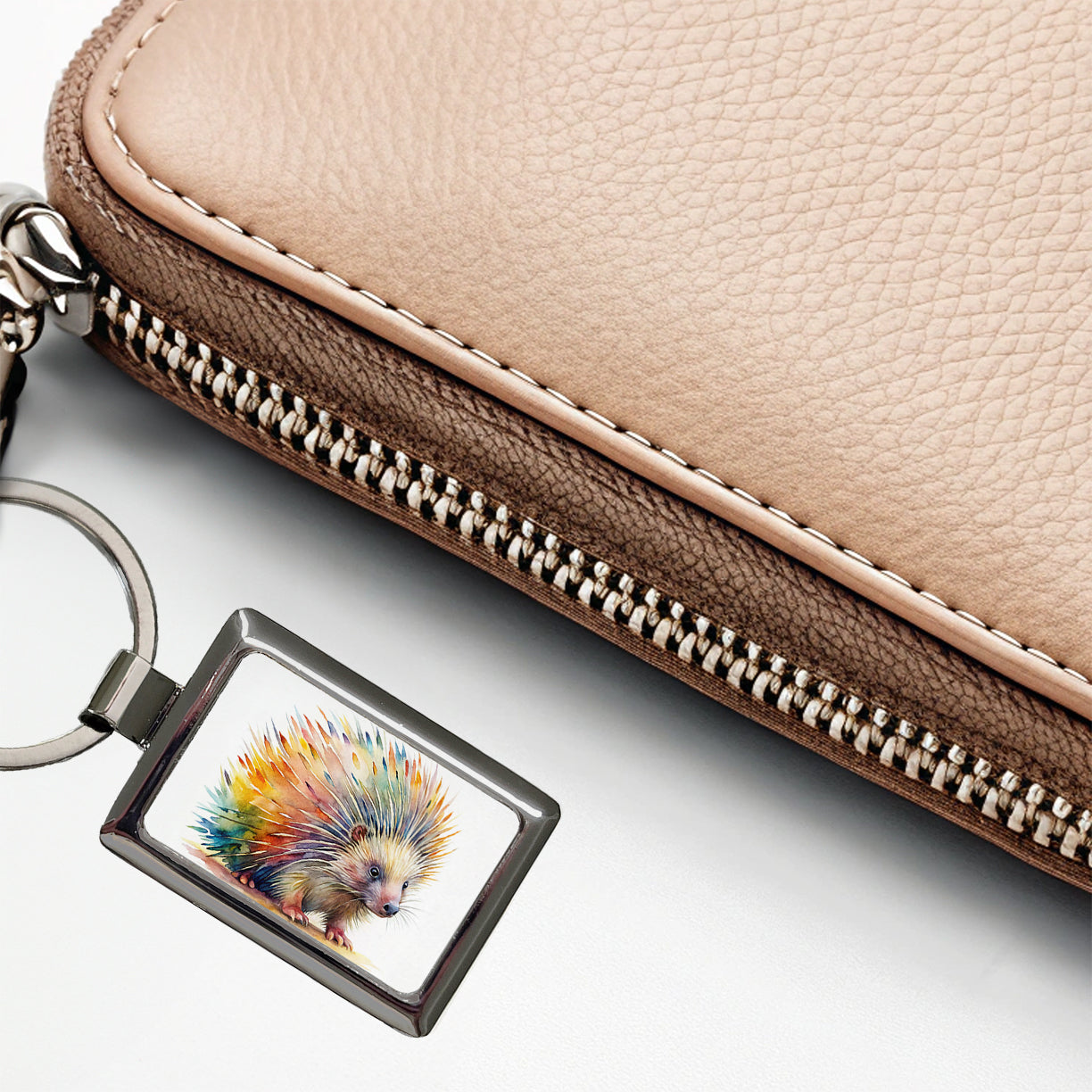 Porcupine Colorful Rainbow Watercolor Rectangle Metal Keychain