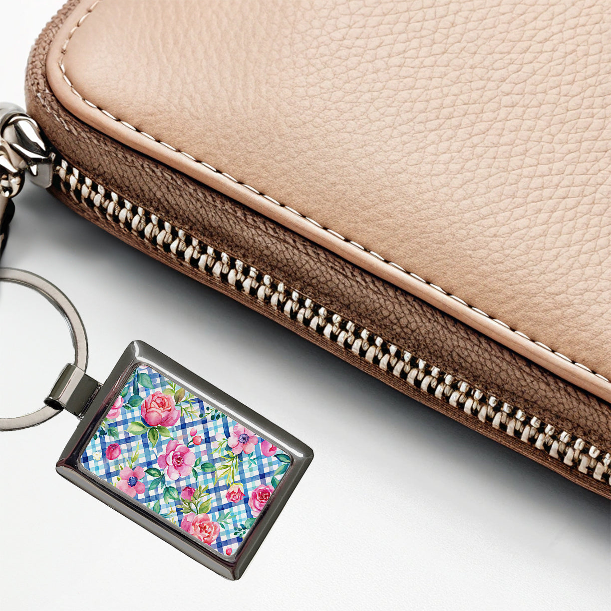 Preppy Pink Flowers Blue Gingham Plaid Rectangle Metal Keychain