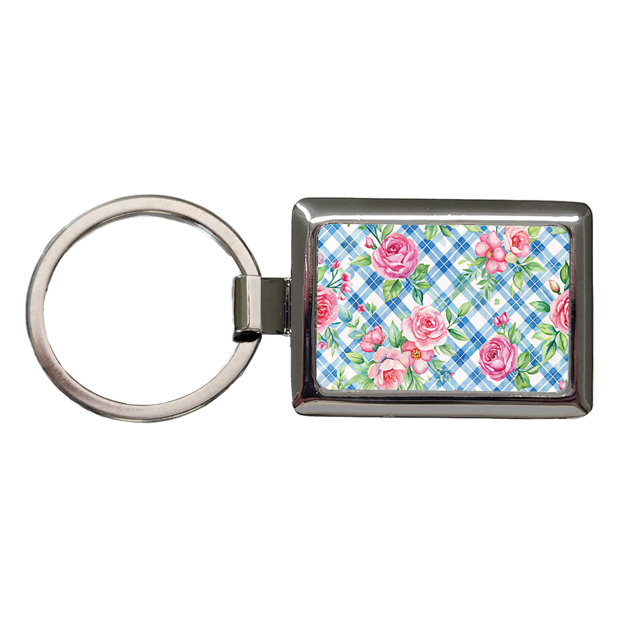 Pretty Pink Flowers Floral Blue Wallpaper Rectangle Metal Keychain