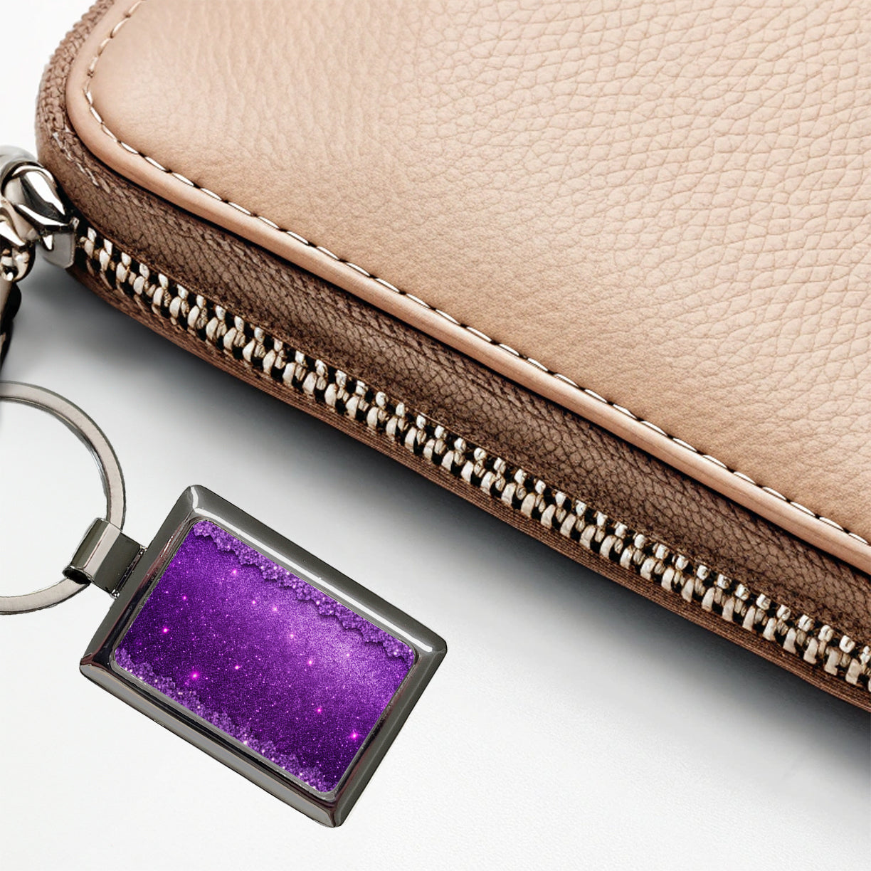 Purple Faux Glitter Rectangle Metal Keychain