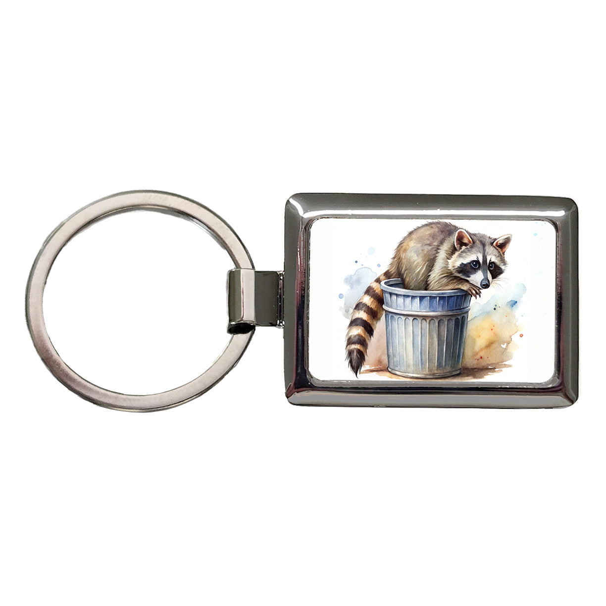 Raccoon In A Trash Can Panda Watercolor Rectangle Metal Keychain
