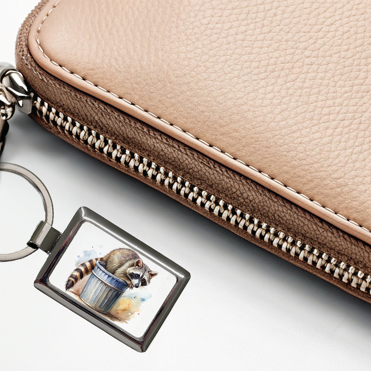 Raccoon In A Trash Can Panda Watercolor Rectangle Metal Keychain