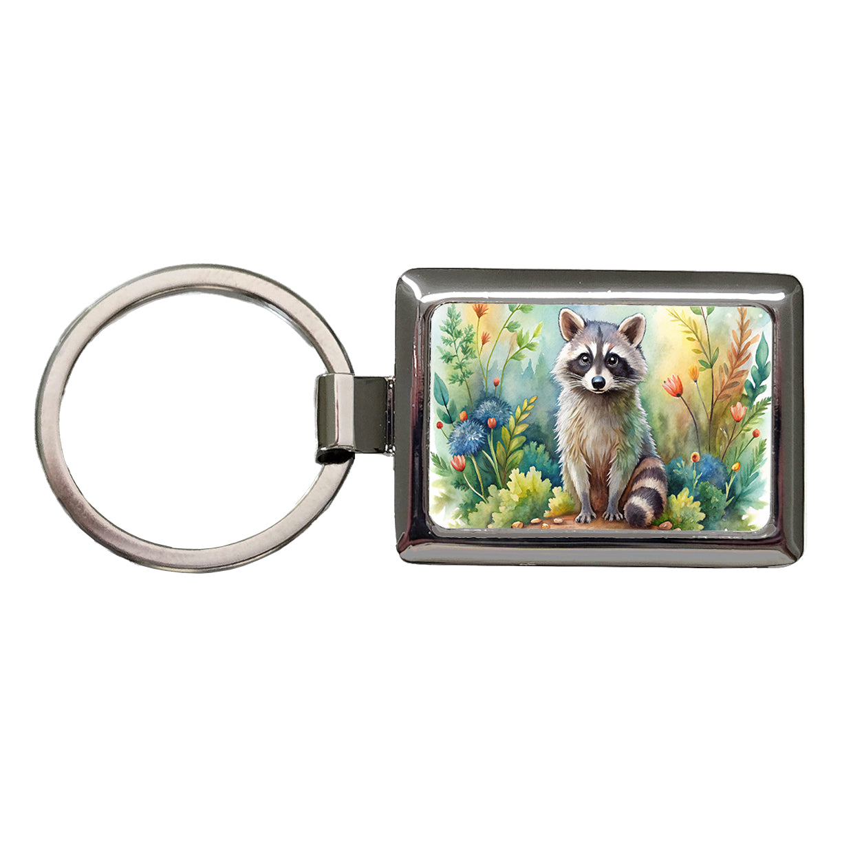 Raccoon In The Forest Watercolor Rectangle Metal Keychain
