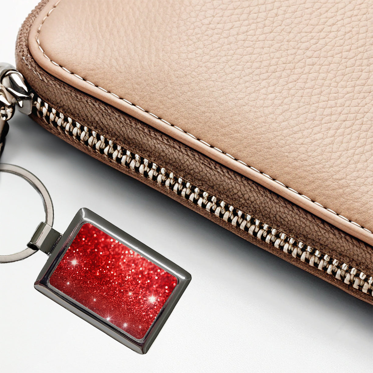Red Faux Glitter Rectangle Metal Keychain