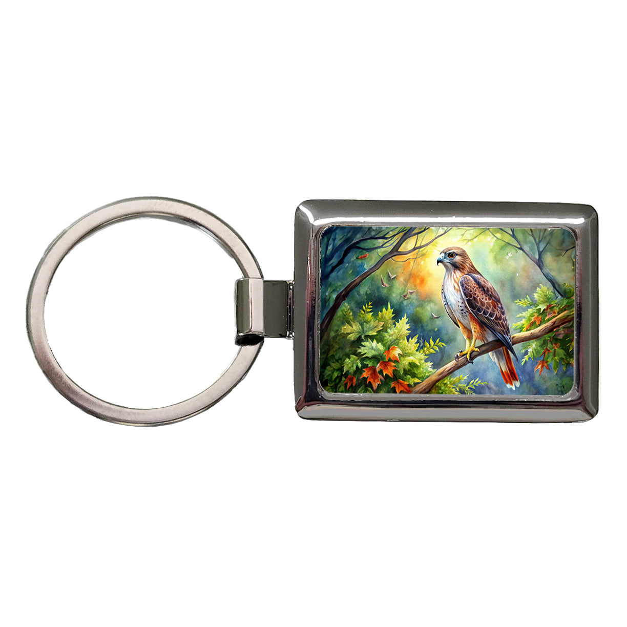 Red-tailed Hawk Raptor Bird Of Prey In Tree Watercolor Rectangle Metal Keychain