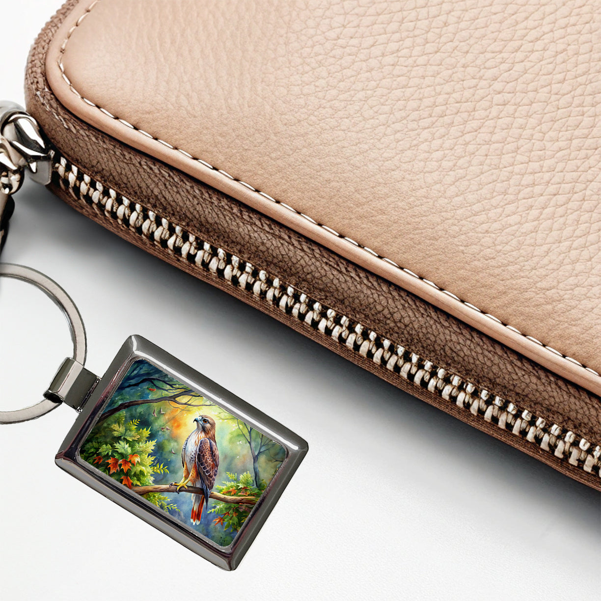 Red-tailed Hawk Raptor Bird Of Prey In Tree Watercolor Rectangle Metal Keychain