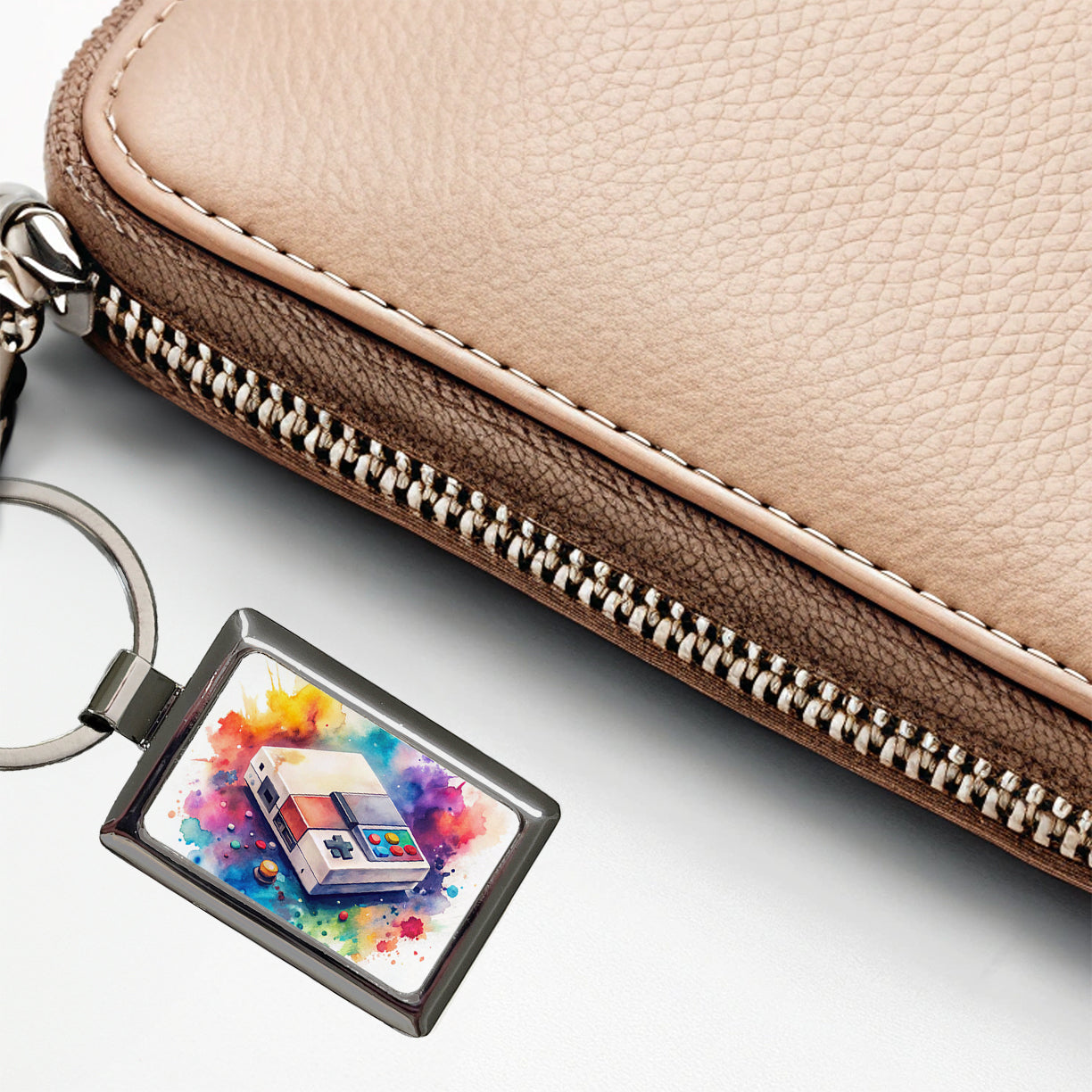 Retro Arcade Console System Watercolor Rectangle Metal Keychain