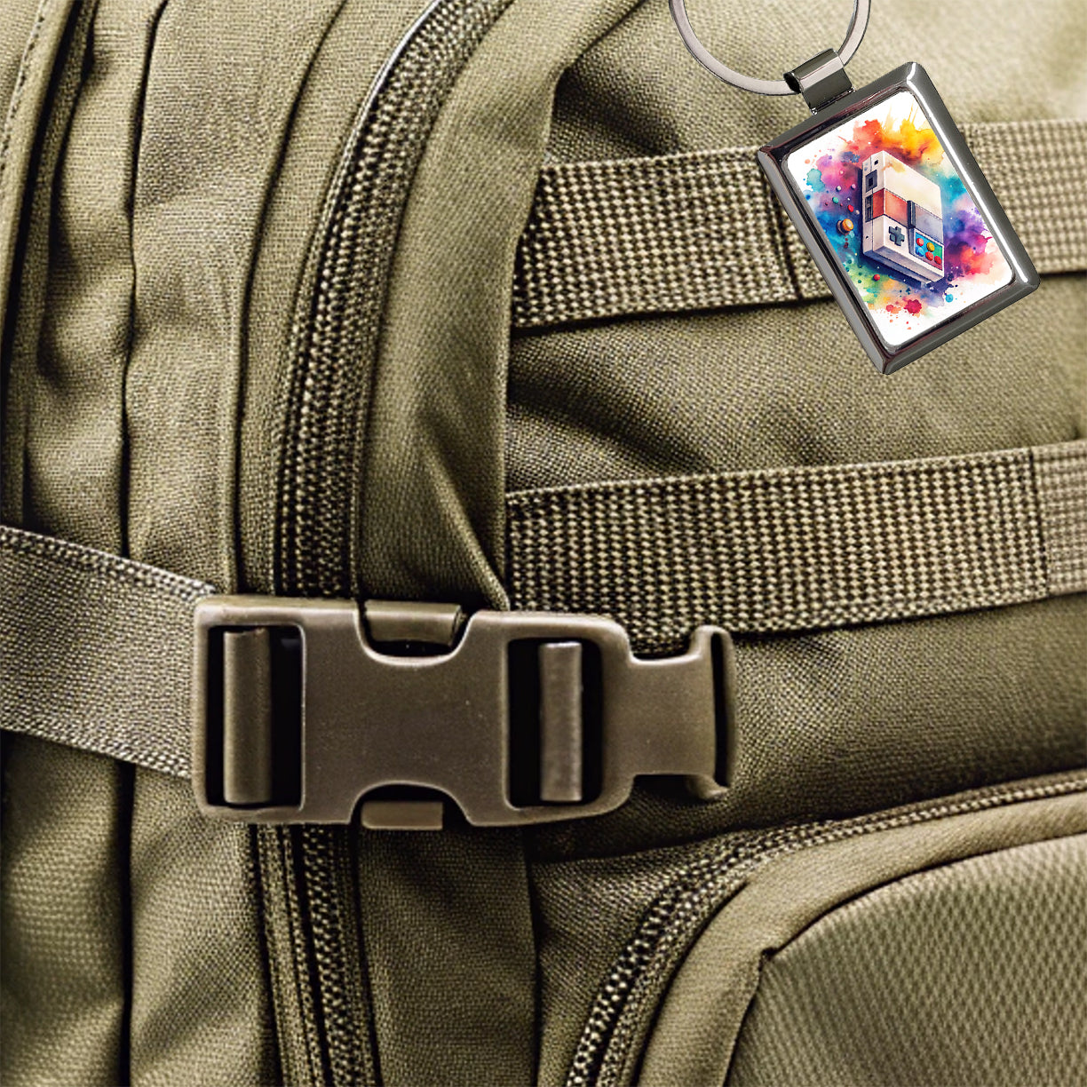 Retro Arcade Console System Watercolor Rectangle Metal Keychain