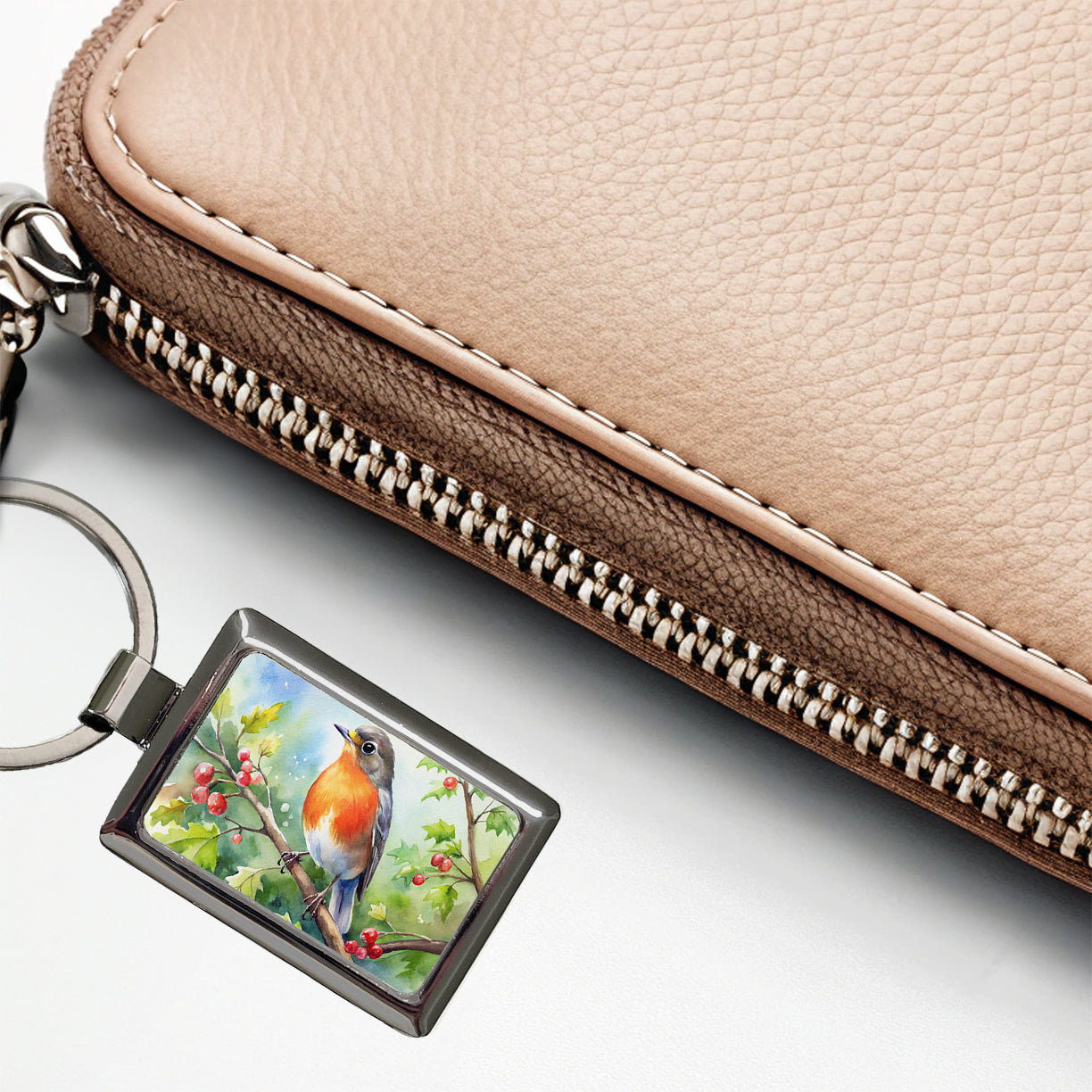 Robin In Tree Bird Watercolor Rectangle Metal Keychain