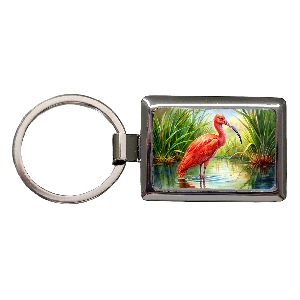 Scarlet Ibis In Marsh Bird Watercolor Rectangle Metal Keychain