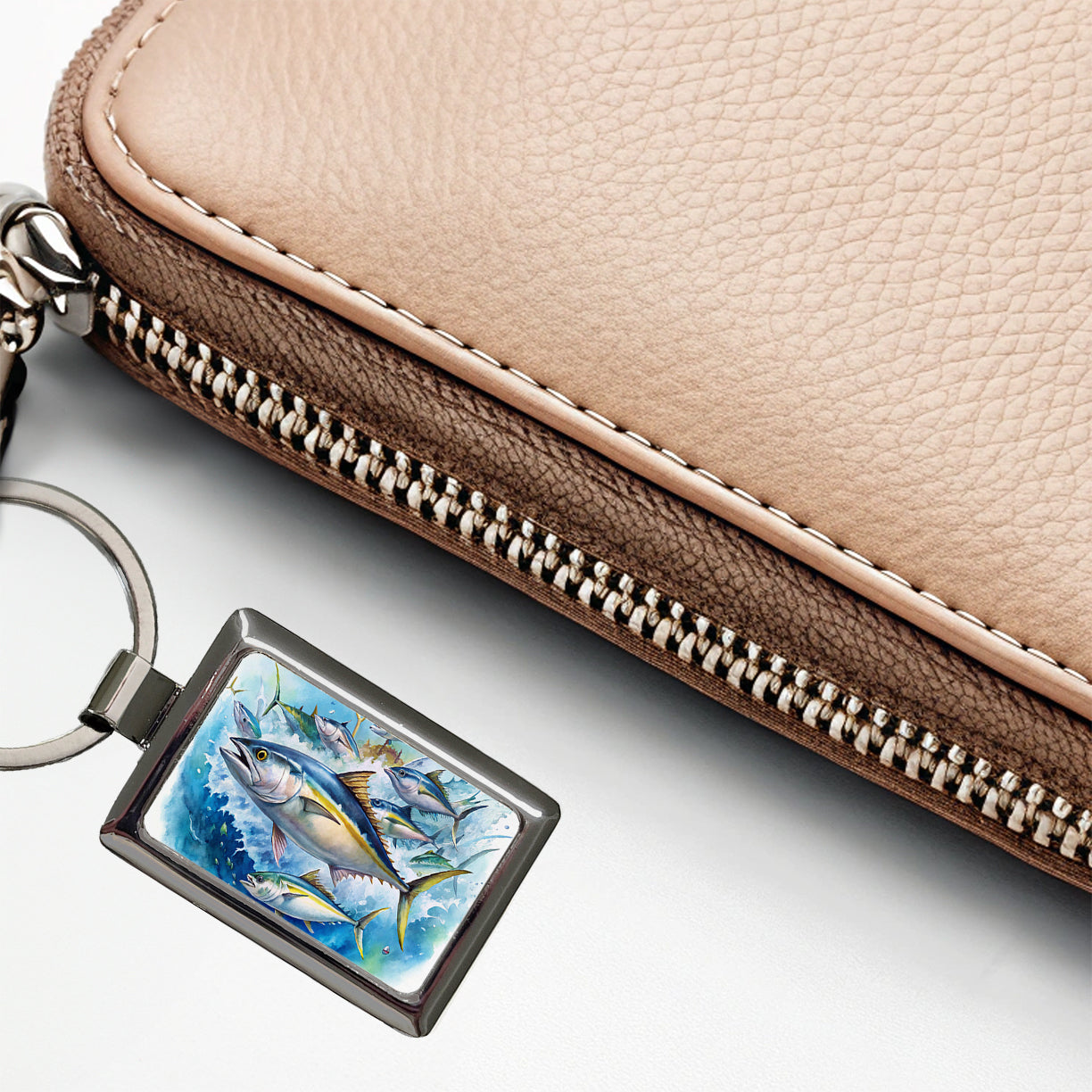 School Of Tuna Deep Sea Sport Fishing Watercolor Rectangle Metal Keychain
