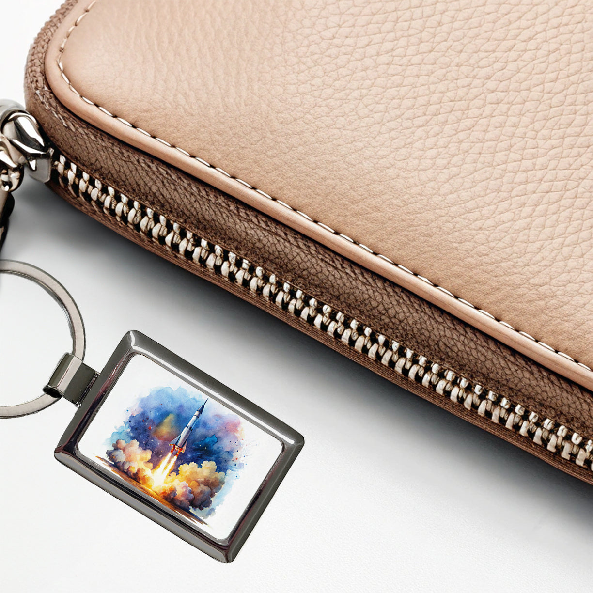 Sci-fi Missile Rocket Launch Watercolor Rectangle Metal Keychain
