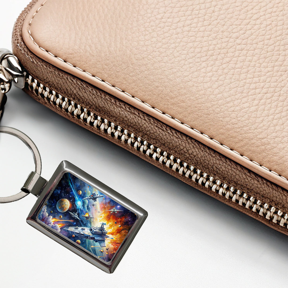 Sci-fi Space Battle Watercolor Rectangle Metal Keychain