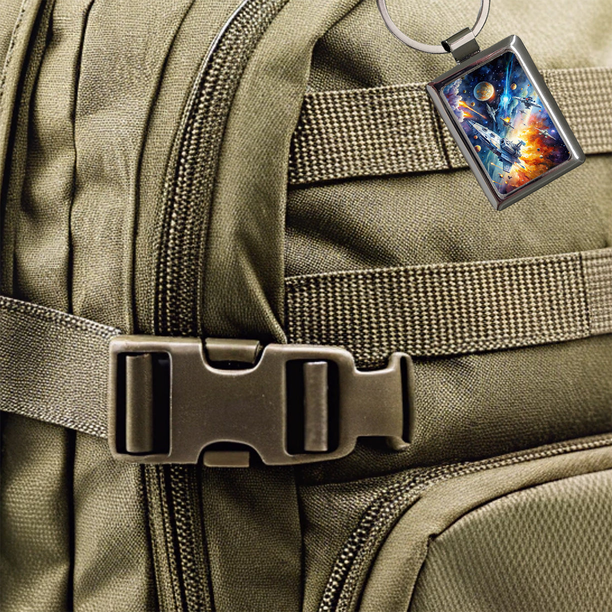 Sci-fi Space Battle Watercolor Rectangle Metal Keychain