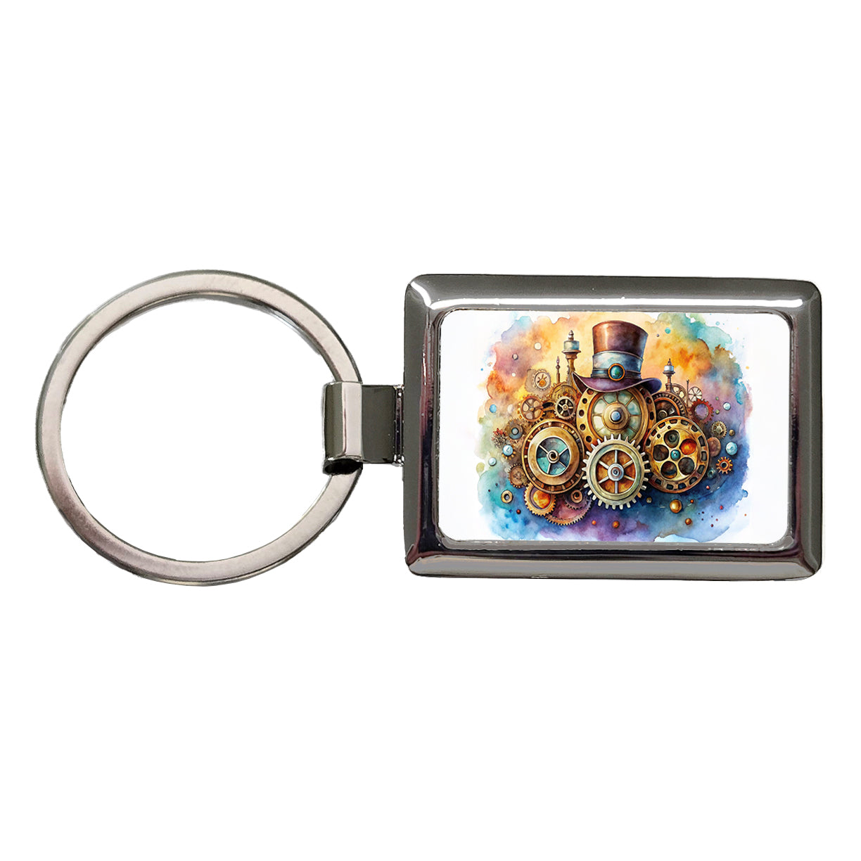 Sci-fi Steampunk Hat And Gears Watercolor Rectangle Metal Keychain
