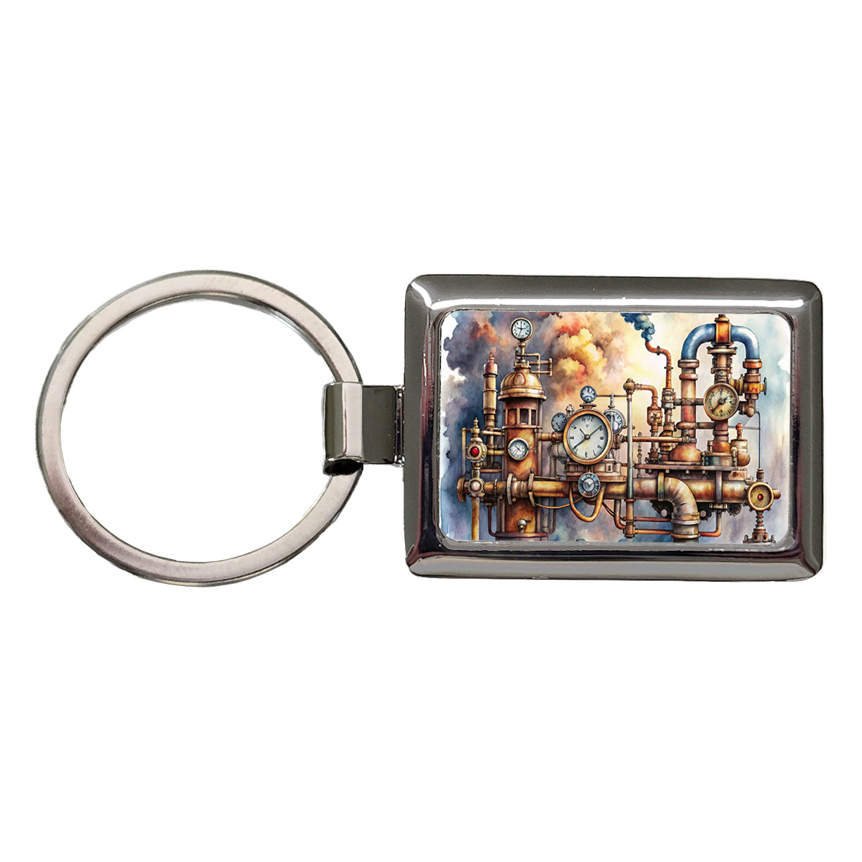 Sci-fi Steampunk Pipes Steam Gauges Watercolor Rectangle Metal Keychain