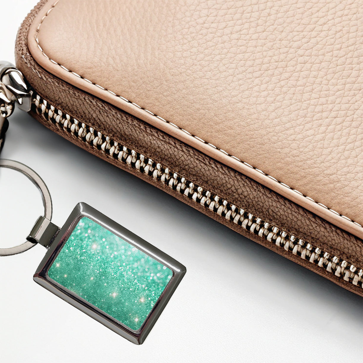 Sea Green Faux Glitter Rectangle Metal Keychain