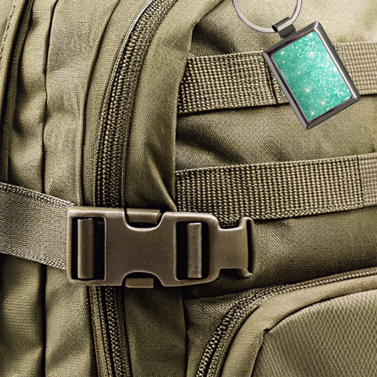 Sea Green Faux Glitter Rectangle Metal Keychain