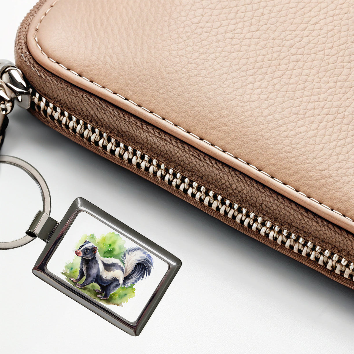Skunk Watercolor Rectangle Metal Keychain