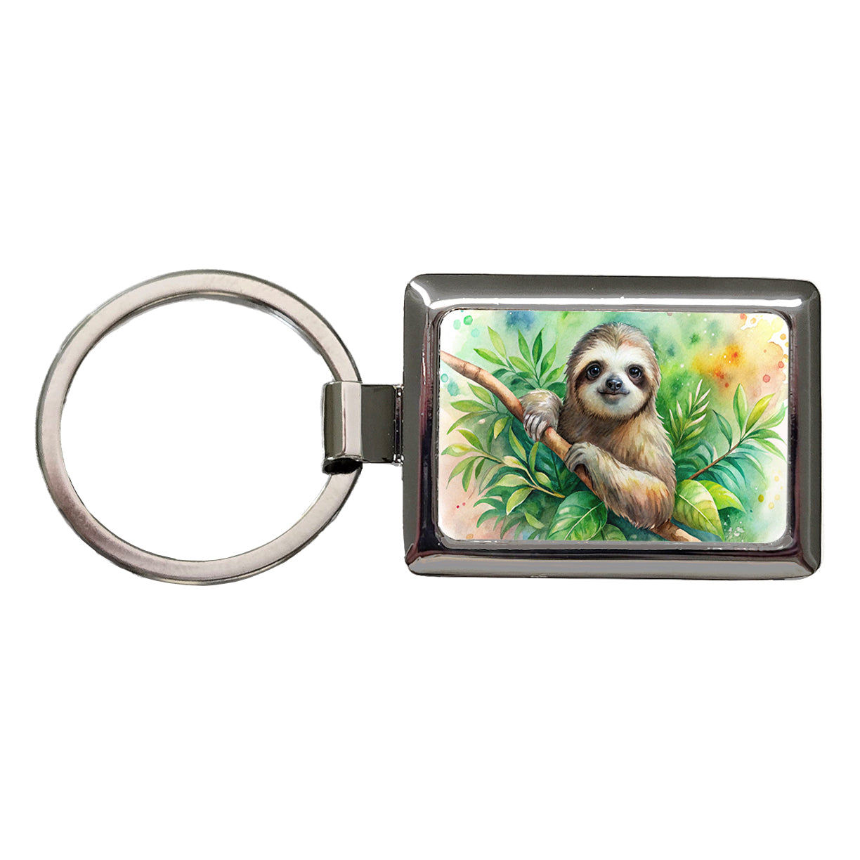 Sloth In A Tree Watercolor Rectangle Metal Keychain